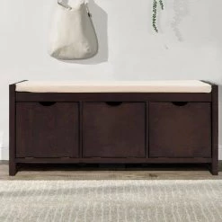 Espresso Storage Bench with Removable Cushion and 3-Flip Lock Storage Cubbies (19.8 in. H x 39 in. W x 14 in. D) by Kahomvis -Kahomvis Sales Store espresso kahomvis dining benches tre lkwf1 5aap 31 1000
