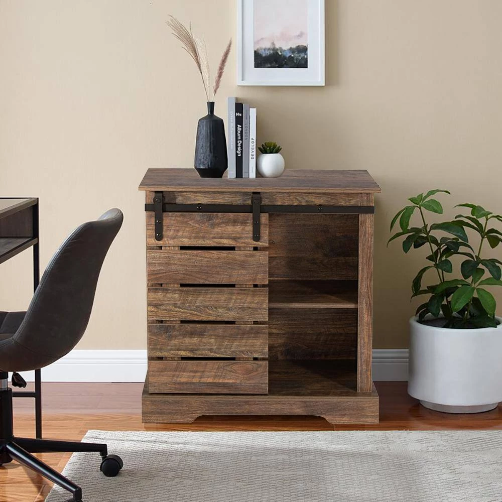 Espresso Buffet with Sliding Barn Door and Shelves, Rustic Wooden Storage Sideboard by Kahomvis 9 Espresso Buffet with Sliding Barn Door and Shelves, Rustic Wooden Storage Sideboard by Kahomvis - Image 9