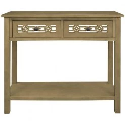 35 in. Gold Distressed Standard Rectangle Wood Console Table with Hollow-Out Decoration-Drawers and-Shelf by Kahomvis