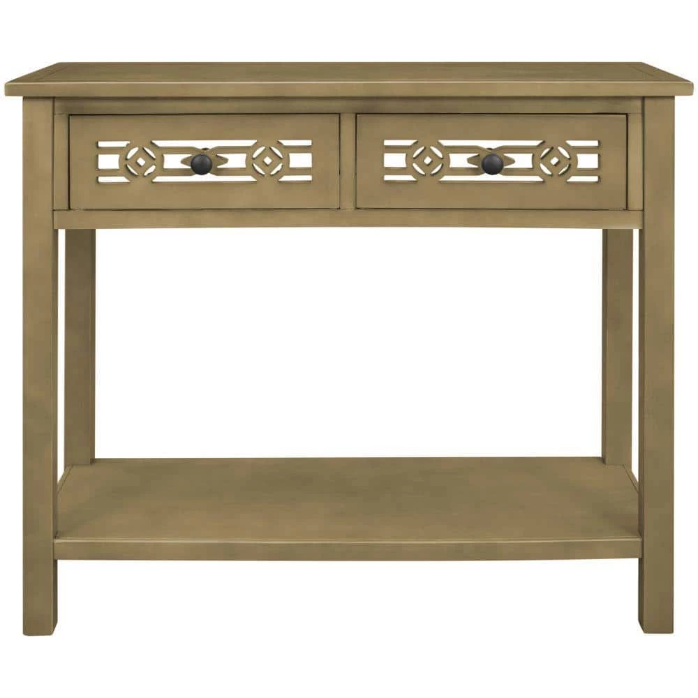 35 in. Gold Distressed Standard Rectangle Wood Console Table with Hollow-Out Decoration-Drawers and-Shelf by Kahomvis 1 35 in. Gold Distressed Standard Rectangle Wood Console Table with Hollow-Out Decoration-Drawers and-Shelf by Kahomvis