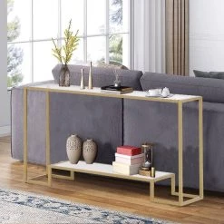 47.2 in. Gold Metal Frame Retangle Tempered Glass Top Minimalist Design Living Room Side Table with 2-Tier by Kahomvis -Kahomvis Sales Store gold kahomvis end side tables ot lkwf 88aal 31 1000