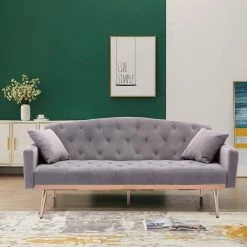 65.3 in. Gray Velvet Fabric Upholstered 2-Seater Loveseat with Metal Feet and Pillows, Tufted Adjustable Back Sofa Bed by Kahomvis -Kahomvis Sales Store gray kahomvis loveseats cm lkw3 6631 31 1000
