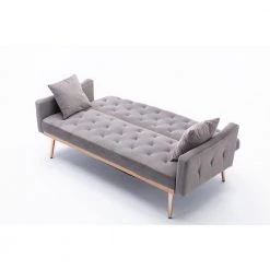 65.3 in. Gray Velvet Fabric Upholstered 2-Seater Loveseat with Metal Feet and Pillows, Tufted Adjustable Back Sofa Bed by Kahomvis -Kahomvis Sales Store gray kahomvis loveseats cm lkw3 6631 4f 1000