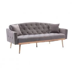 65.3 in. Gray Velvet Fabric Upholstered 2-Seater Loveseat with Metal Feet and Pillows, Tufted Adjustable Back Sofa Bed by Kahomvis