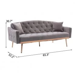 65.3 in. Gray Velvet Fabric Upholstered 2-Seater Loveseat with Metal Feet and Pillows, Tufted Adjustable Back Sofa Bed by Kahomvis -Kahomvis Sales Store gray kahomvis loveseats cm lkw3 6631 76 1000
