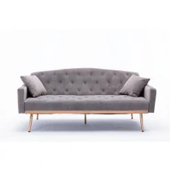 65.3 in. Gray Velvet Fabric Upholstered 2-Seater Loveseat with Metal Feet and Pillows, Tufted Adjustable Back Sofa Bed by Kahomvis -Kahomvis Sales Store gray kahomvis loveseats cm lkw3 6631 c3 1000