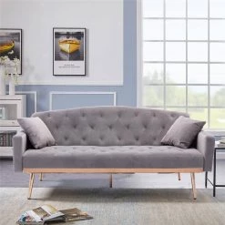 65.3 in. Gray Velvet Fabric Upholstered 2-Seater Loveseat with Metal Feet and Pillows, Tufted Adjustable Back Sofa Bed by Kahomvis -Kahomvis Sales Store gray kahomvis loveseats cm lkw3 6631 fa 1000