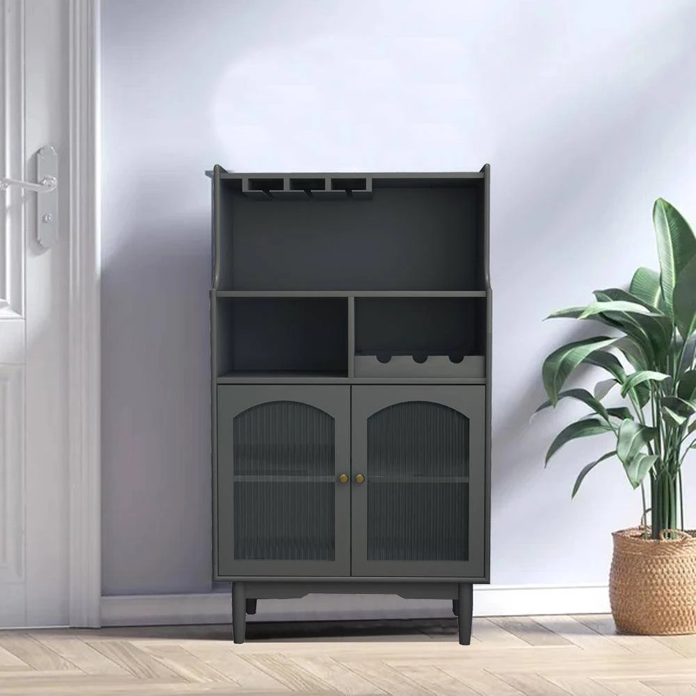 Gray Buffets Sideboard with Wine Glass Racks, Wine Bar Storage Cabinet with Pine legs and Glass Doors by Kahomvis 5 Gray Buffets Sideboard with Wine Glass Racks, Wine Bar Storage Cabinet with Pine legs and Glass Doors by Kahomvis - Image 5