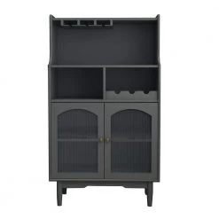 Gray Buffets Sideboard with Wine Glass Racks, Wine Bar Storage Cabinet with Pine legs and Glass Doors by Kahomvis