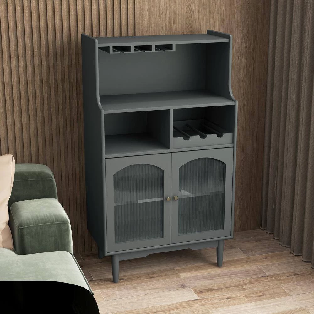 Gray Buffets Sideboard with Wine Glass Racks, Wine Bar Storage Cabinet with Pine legs and Glass Doors by Kahomvis 2 Gray Buffets Sideboard with Wine Glass Racks, Wine Bar Storage Cabinet with Pine legs and Glass Doors by Kahomvis - Image 2