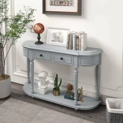 52 in. Gray Wash Standard Half Moon Wood Console Table with 2-Top Drawers by Kahomvis -Kahomvis Sales Store gray wash kahomvis console tables tre lkwf2 4aae 1f 1000