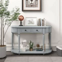 52 in. Gray Wash Standard Half Moon Wood Console Table with 2-Top Drawers by Kahomvis -Kahomvis Sales Store gray wash kahomvis console tables tre lkwf2 4aae 31 1000