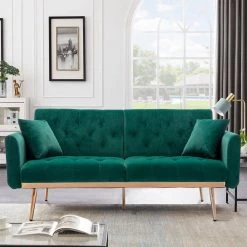63.77 in. Green Velvet Fabric Upholstered 2-Seater Modern Loveseat with Rose Gold Metal Feet and Pillows by Kahomvis -Kahomvis Sales Store green kahomvis loveseats cm lkw3 6041 31 1000