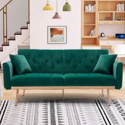 63.77 in. Green Velvet Fabric Upholstered 2-Seater Modern Loveseat with Rose Gold Metal Feet and Pillows by Kahomvis -Kahomvis Sales Store green kahomvis loveseats cm lkw3 6041 fa 1000