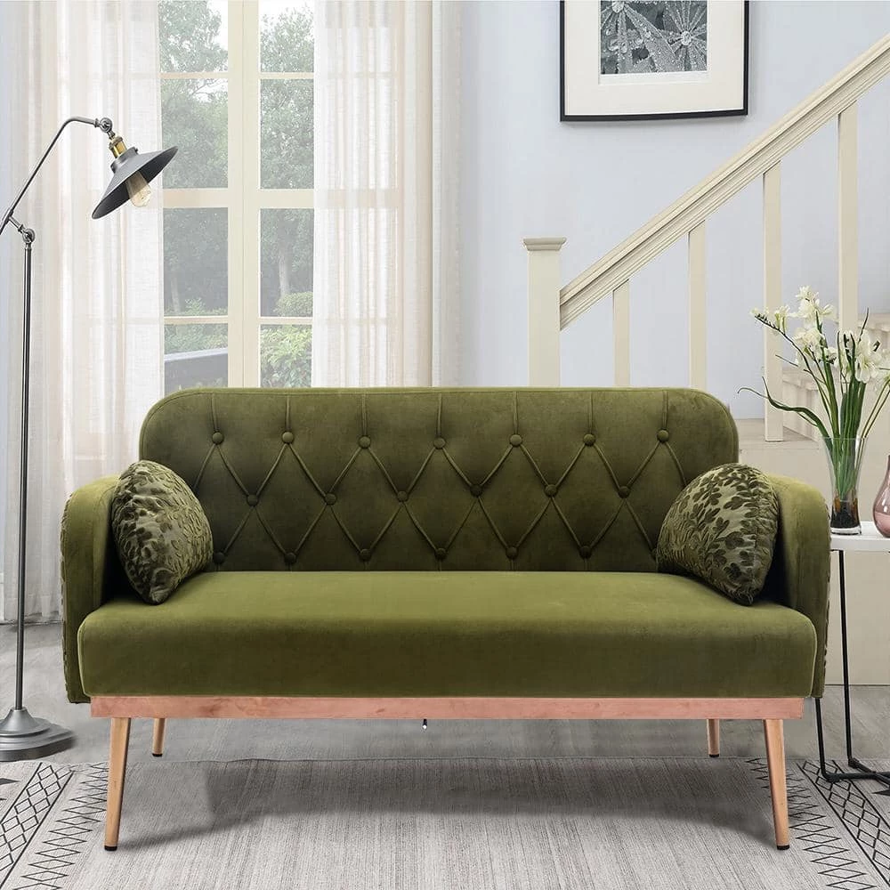 55.11 in. Green Velvet Upholstered 2-Seater Loveseat with Pillows and Metal Feet by Kahomvis 9 55.11 in. Green Velvet Upholstered 2-Seater Loveseat with Pillows and Metal Feet by Kahomvis - Image 9