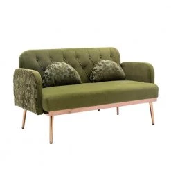 55.11 in. Green Velvet Upholstered 2-Seater Loveseat with Pillows and Metal Feet by Kahomvis