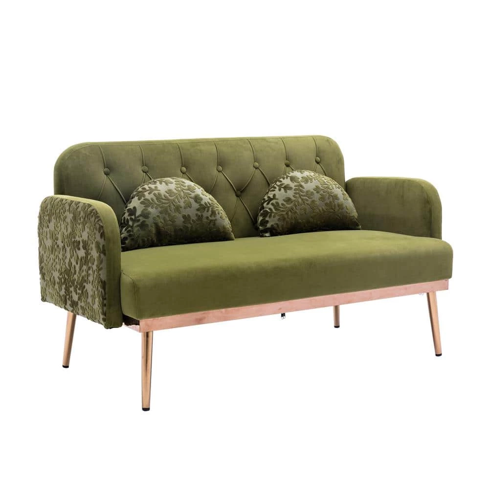 55.11 in. Green Velvet Upholstered 2-Seater Loveseat with Pillows and Metal Feet by Kahomvis 1 55.11 in. Green Velvet Upholstered 2-Seater Loveseat with Pillows and Metal Feet by Kahomvis