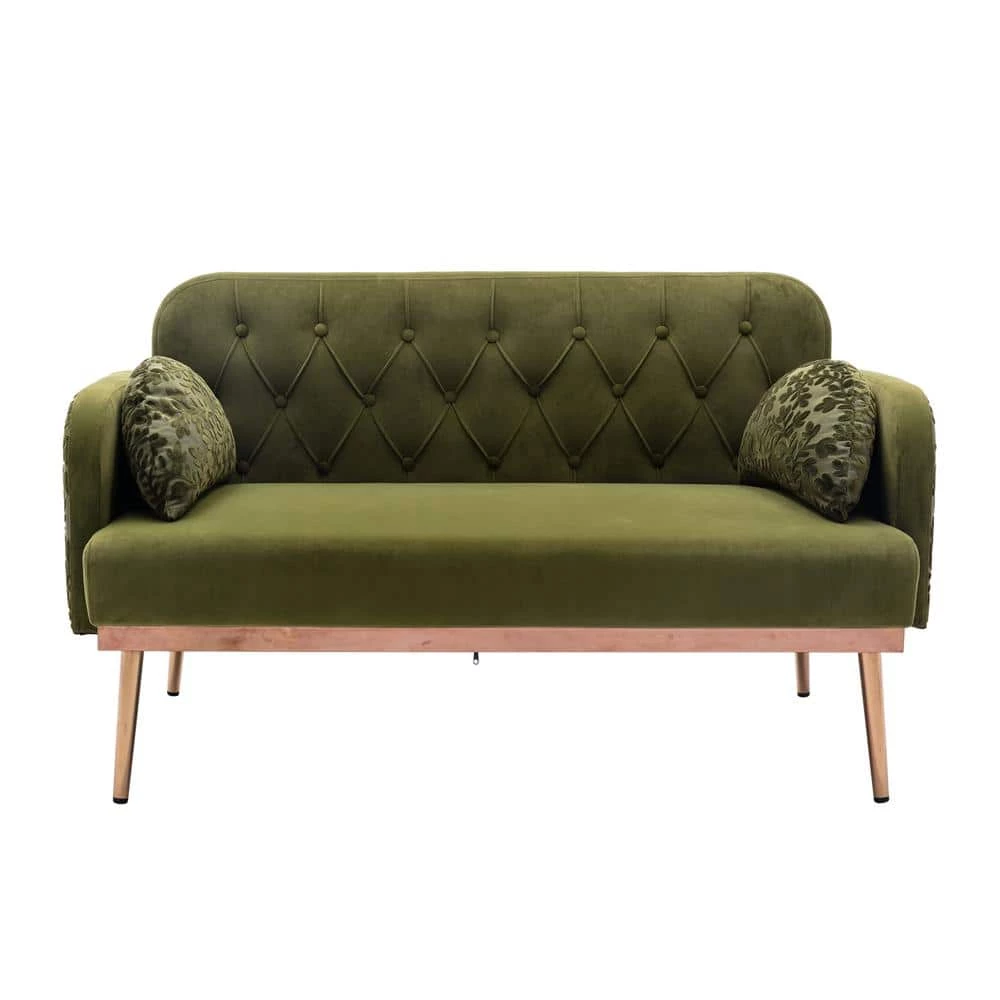 55.11 in. Green Velvet Upholstered 2-Seater Loveseat with Pillows and Metal Feet by Kahomvis 4 55.11 in. Green Velvet Upholstered 2-Seater Loveseat with Pillows and Metal Feet by Kahomvis - Image 4