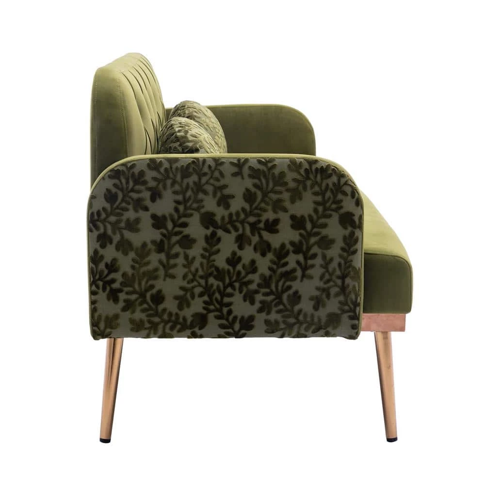 55.11 in. Green Velvet Upholstered 2-Seater Loveseat with Pillows and Metal Feet by Kahomvis 2 55.11 in. Green Velvet Upholstered 2-Seater Loveseat with Pillows and Metal Feet by Kahomvis - Image 2