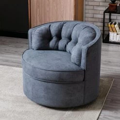 Grey Linen Fabric Upholstered 360° Swivel Tufted Back Accent Round Barrel Chair(Set of 1) by Kahomvis -Kahomvis Sales Store grey kahomvis accent chairs bb lkpp 76aag 1f 1000