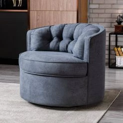 Grey Linen Fabric Upholstered 360° Swivel Tufted Back Accent Round Barrel Chair(Set of 1) by Kahomvis -Kahomvis Sales Store grey kahomvis accent chairs bb lkpp 76aag 31 1000