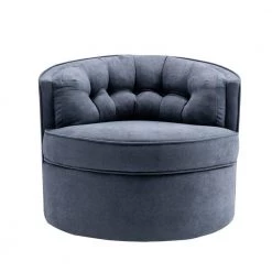 Grey Linen Fabric Upholstered 360° Swivel Tufted Back Accent Round Barrel Chair(Set of 1) by Kahomvis