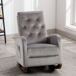 Grey Velvet Tufted Fabric Modern High Back Rocking Arm Chair (Set of 1) by Kahomvis -Kahomvis Sales Store grey kahomvis rockers gliders ottomans bb lkwf 61aaa 1f 1000