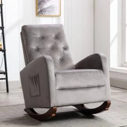 Grey Velvet Tufted Fabric Modern High Back Rocking Arm Chair (Set of 1) by Kahomvis -Kahomvis Sales Store grey kahomvis rockers gliders ottomans bb lkwf 61aaa 31 1000