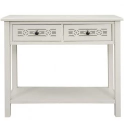 35 in. Ivory White Distressed Standard Rectangle Wood Console Table with Hollow-Out Decoration-Drawers and-Shelf by Kahomvis