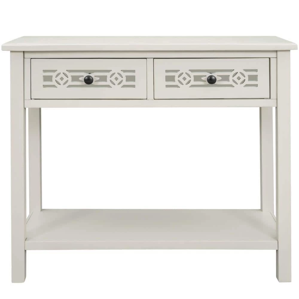 35 in. Ivory White Distressed Standard Rectangle Wood Console Table with Hollow-Out Decoration-Drawers and-Shelf by Kahomvis 1 35 in. Ivory White Distressed Standard Rectangle Wood Console Table with Hollow-Out Decoration-Drawers and-Shelf by Kahomvis
