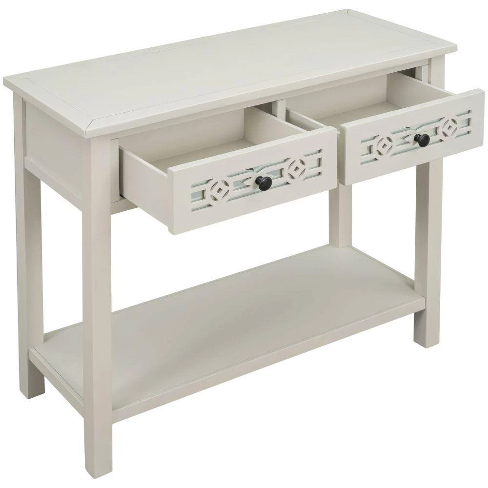 35 in. Ivory White Distressed Standard Rectangle Wood Console Table with Hollow-Out Decoration-Drawers and-Shelf by Kahomvis 5 35 in. Ivory White Distressed Standard Rectangle Wood Console Table with Hollow-Out Decoration-Drawers and-Shelf by Kahomvis - Image 5