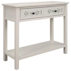 35 in. Ivory White Distressed Standard Rectangle Wood Console Table with Hollow-Out Decoration-Drawers and-Shelf by Kahomvis 17 35 in. Ivory White Distressed Standard Rectangle Wood Console Table with Hollow-Out Decoration-Drawers and-Shelf by Kahomvis -Kahomvis Sales Store ivory white distressed finish kahomvis console tables tre lkwf 10aak c3 1000