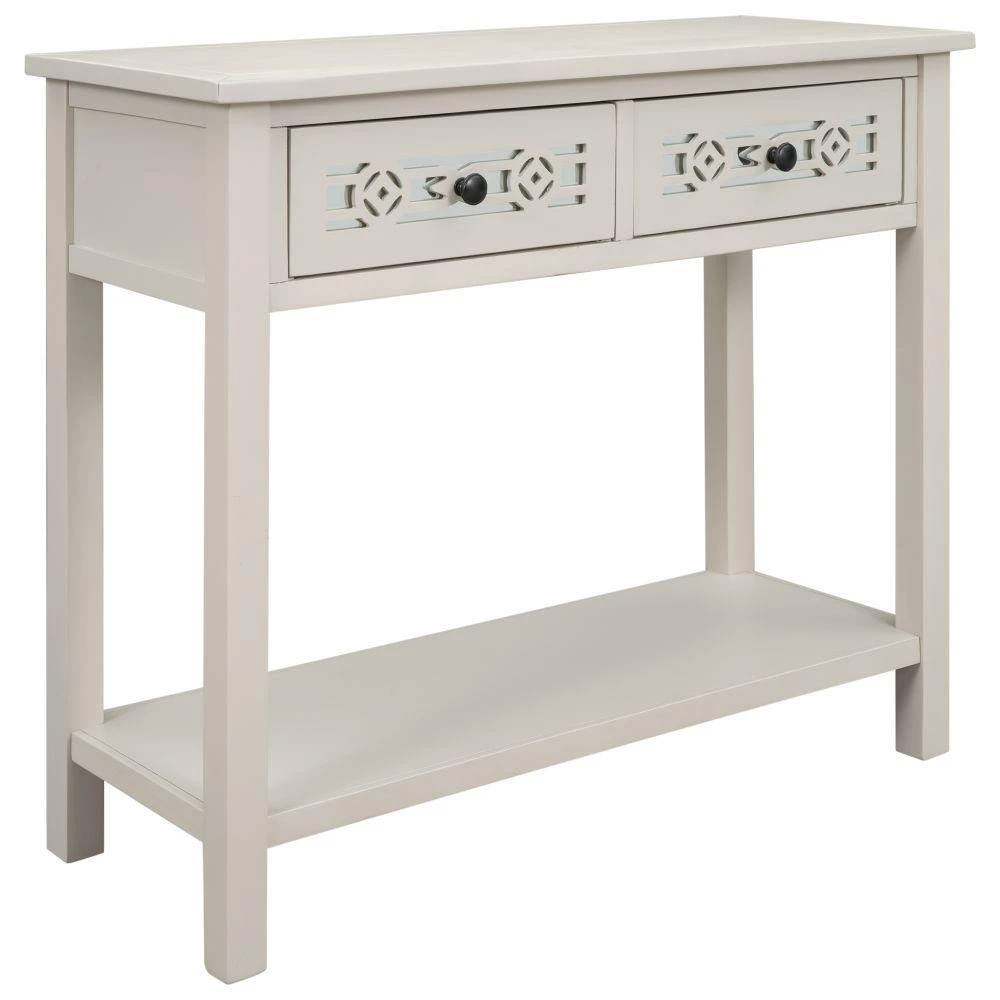 35 in. Ivory White Distressed Standard Rectangle Wood Console Table with Hollow-Out Decoration-Drawers and-Shelf by Kahomvis 6 35 in. Ivory White Distressed Standard Rectangle Wood Console Table with Hollow-Out Decoration-Drawers and-Shelf by Kahomvis - Image 6
