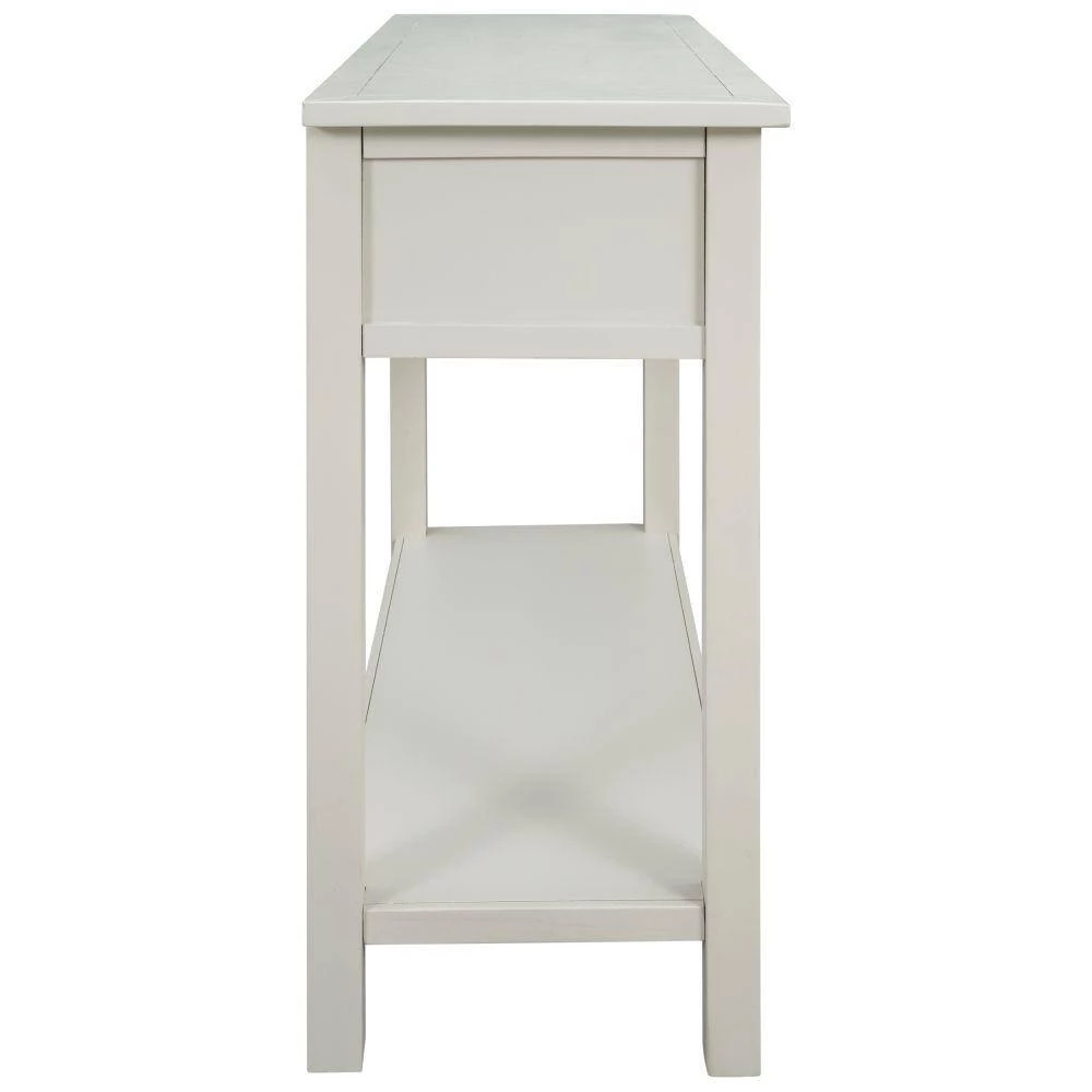 35 in. Ivory White Distressed Standard Rectangle Wood Console Table with Hollow-Out Decoration-Drawers and-Shelf by Kahomvis 2 35 in. Ivory White Distressed Standard Rectangle Wood Console Table with Hollow-Out Decoration-Drawers and-Shelf by Kahomvis - Image 2