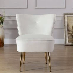 Ivory White Velvet Fabric Upholstered Side Chair(Set of 1) by Kahomvis -Kahomvis Sales Store ivory white kahomvis accent chairs bb lkwf2 8aae 1f 1000