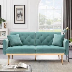 63.77 in. Light Blue Velvet Fabric Upholstered 2-Seater Modern Loveseat with Rose Gold Metal Feet and Pillows by Kahomvis -Kahomvis Sales Store light blue kahomvis loveseats cm lkw3 6039 31 1000