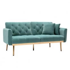 63.77 in. Light Blue Velvet Fabric Upholstered 2-Seater Modern Loveseat with Rose Gold Metal Feet and Pillows by Kahomvis