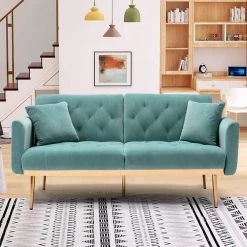 63.77 in. Light Blue Velvet Fabric Upholstered 2-Seater Modern Loveseat with Rose Gold Metal Feet and Pillows by Kahomvis -Kahomvis Sales Store light blue kahomvis loveseats cm lkw3 6039 fa 1000