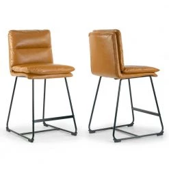 Set of 2 Aulani Light Brown Upholstered Metal Frame Counter Stool with Puffy Cushions by Glamour Home