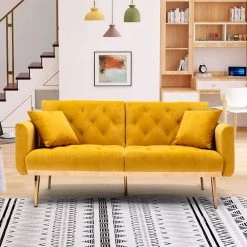 63.77 in. Mango color Velvet Fabric Upholstered 2-Seater Modern Loveseat with Rose Gold Metal Feet and Pillows by Kahomvis -Kahomvis Sales Store mango color kahomvis loveseats cm lkw3 6036 31 1000