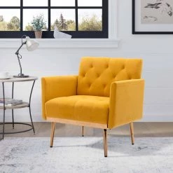 Mustard Yellow Velvet Upholstered Tufted Arm Chair, Rose Golden Iron Feet Single Sofa (Set of 1) by Kahomvis -Kahomvis Sales Store mustard yellow kahomvis accent chairs cm lkw3 8881 31 1000