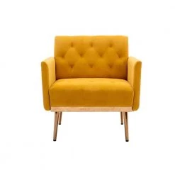 Mustard Yellow Velvet Upholstered Tufted Arm Chair, Rose Golden Iron Feet Single Sofa (Set of 1) by Kahomvis