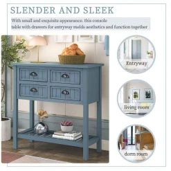 31.7 in. Navy Blue Standard Rectangle Wood Console Table with Bottom-Shelf and Storage-Drawers by Kahomvis -Kahomvis Sales Store navy blue kahomvis console tables tre lkwf 62aam 4f 1000