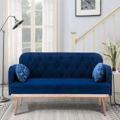 55.11 in. Navy Blue Velvet Upholstered 2-Seater Loveseat with Pillows and Metal Feet by Kahomvis -Kahomvis Sales Store navy blue kahomvis loveseats cm lkw3 6714 31 1000