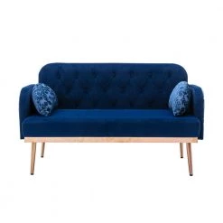 55.11 in. Navy Blue Velvet Upholstered 2-Seater Loveseat with Pillows and Metal Feet by Kahomvis -Kahomvis Sales Store navy blue kahomvis loveseats cm lkw3 6714 c3 1000