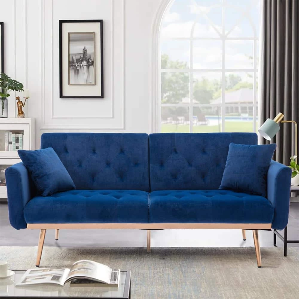 63.77 in. Navy Velvet Fabric Upholstered 2-Seater Modern Loveseat with Rose Gold Metal Feet and Pillows by Kahomvis 10 63.77 in. Navy Velvet Fabric Upholstered 2-Seater Modern Loveseat with Rose Gold Metal Feet and Pillows by Kahomvis - Image 10