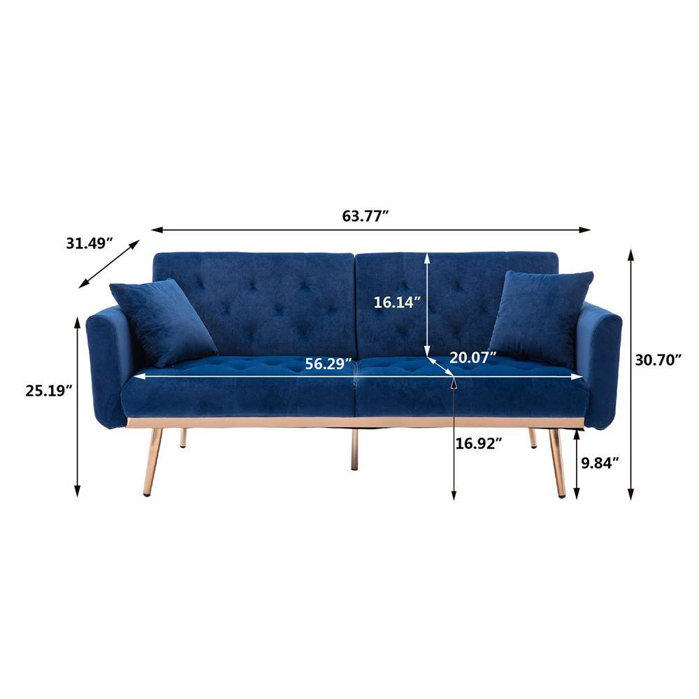 63.77 in. Navy Velvet Fabric Upholstered 2-Seater Modern Loveseat with Rose Gold Metal Feet and Pillows by Kahomvis 9 63.77 in. Navy Velvet Fabric Upholstered 2-Seater Modern Loveseat with Rose Gold Metal Feet and Pillows by Kahomvis - Image 9