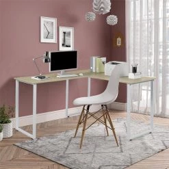59 in. L-Shape Oak MDF Writing Desk for Home Office with White Steel Frame by Kahomvis -Kahomvis Sales Store oak kahomvis writing desks ic lkw4 2732 31 1000