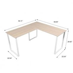 59 in. L-Shape Oak MDF Writing Desk for Home Office with White Steel Frame by Kahomvis -Kahomvis Sales Store oak kahomvis writing desks ic lkw4 2732 44 1000