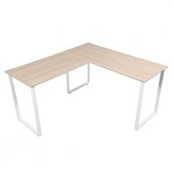 59 in. L-Shape Oak MDF Writing Desk for Home Office with White Steel Frame by Kahomvis -Kahomvis Sales Store oak kahomvis writing desks ic lkw4 2732 77 1000